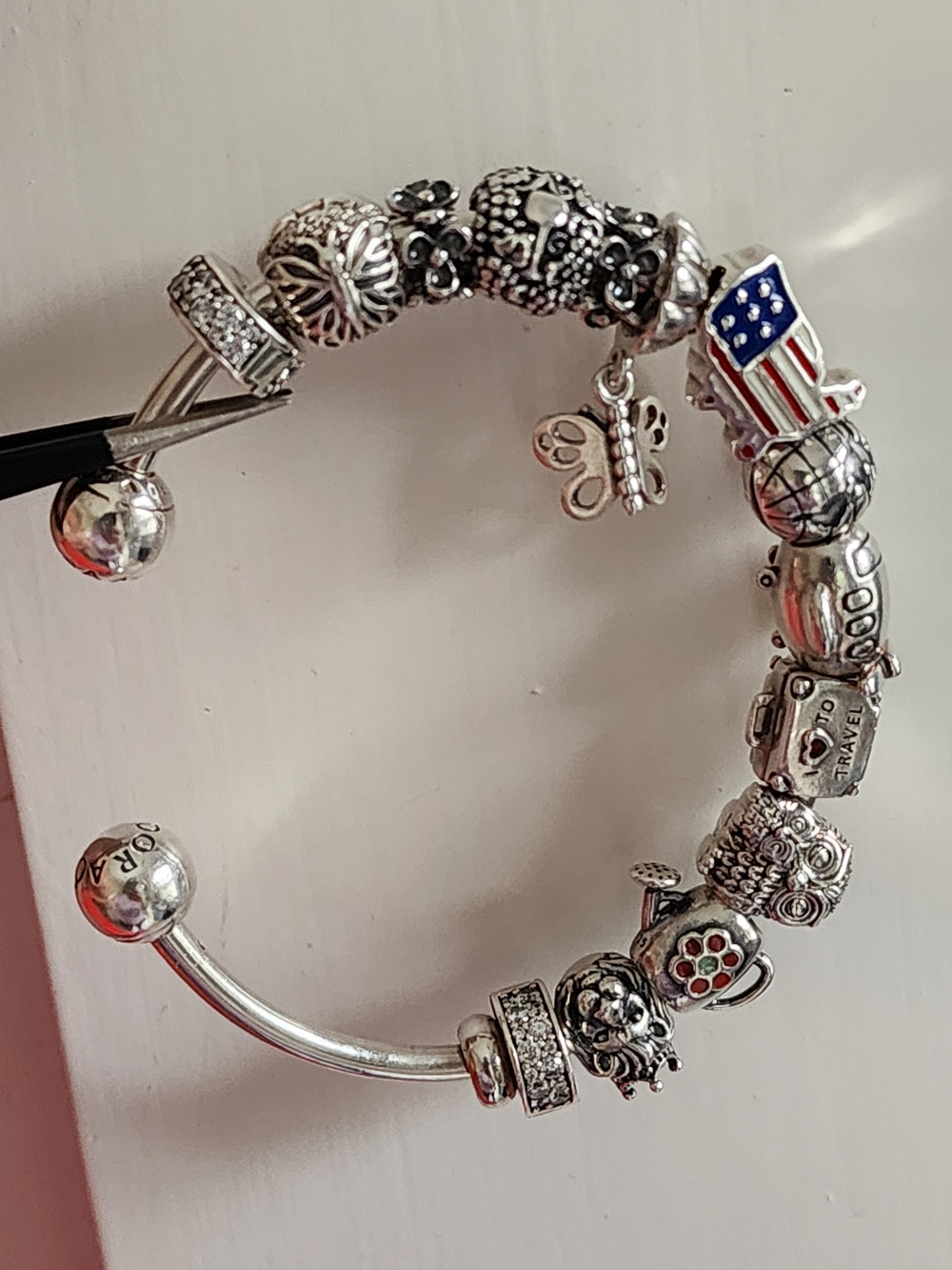Pandora Open Bangle Bracelet with Butterfly and Travel Charms - Silver925